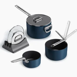Space Folding Handle Ceramic Non-stick 3-piece Blue Saucepan Set